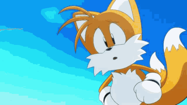 tails from sonic the hedgehog is standing in front of a blue sky