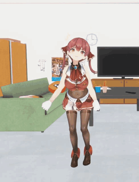 a cartoon girl is dancing in a living room with a clock on the wall