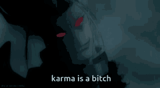 a picture of a demon with red eyes and the words karma is a bitch