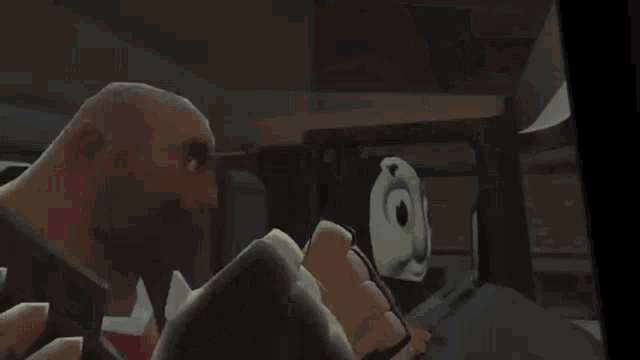 a close up of a cartoon character 's face in a dark room with a black background .
