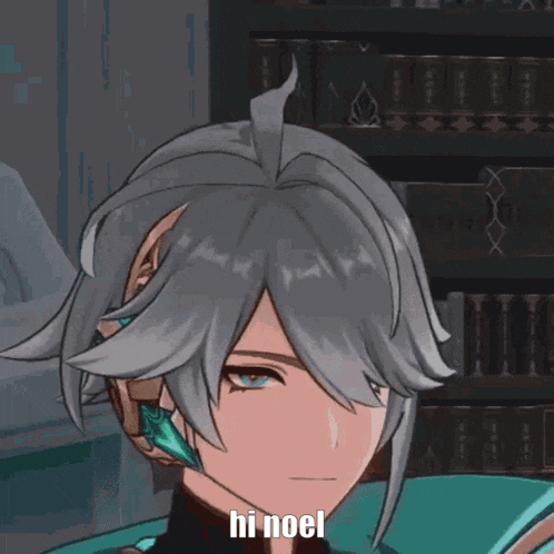 a cartoon character says hi noel in front of a bookcase