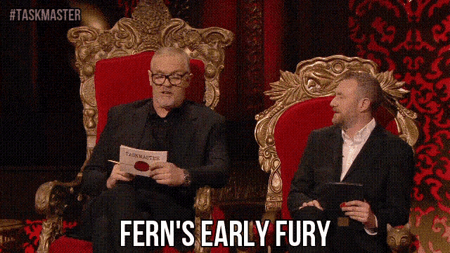 fern 's early fury is displayed on a screen between two men