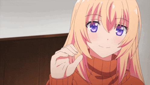 a blonde anime girl with purple eyes and a red sweater