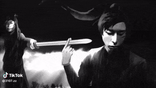 a black and white drawing of a man holding a sword with tiktok at the bottom right