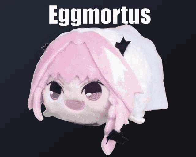 a stuffed animal with the word eggmortus written on it