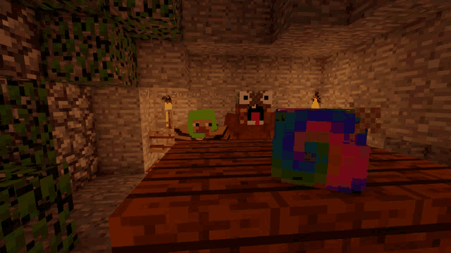 a rainbow colored object sits on a wooden table in a minecraft game
