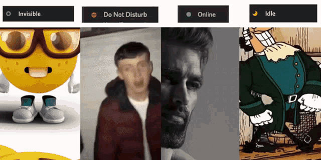 a collage of images with the words invisible do not disturb online and idle at the bottom