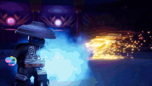 a video game character is standing in a dark room with a purple background