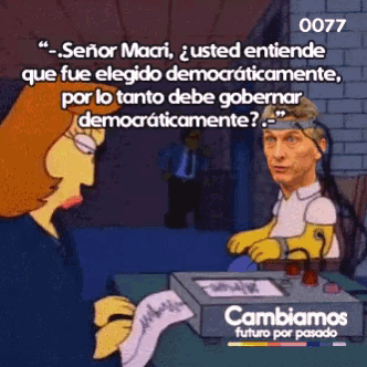 a cartoon of a woman talking to a man with a headband that says cambiamos
