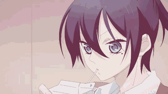 a girl with purple hair and blue eyes drinking through a straw