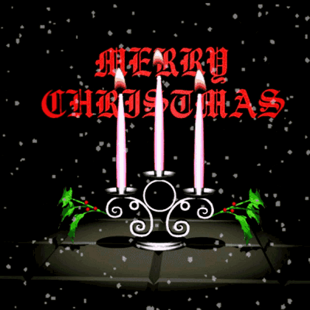 a merry christmas greeting card with three candles and holly