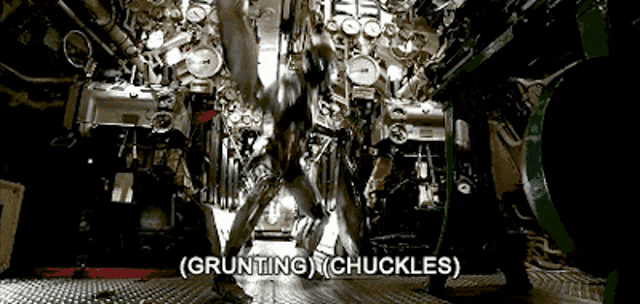 a man is standing in a room with the words grunting and chuckles written above him