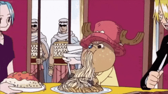 a cartoon character with antlers is eating noodles from a plate with a knife .