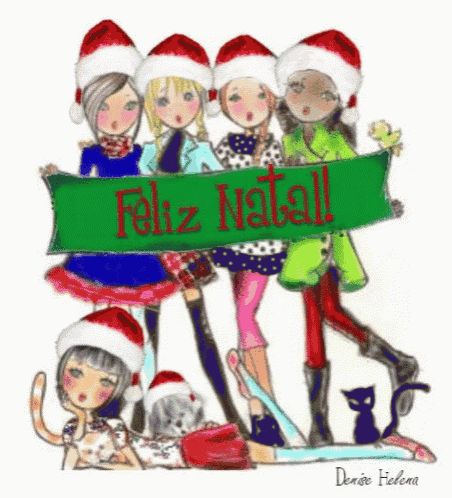 a group of girls wearing santa hats are holding a banner that says feliz natal