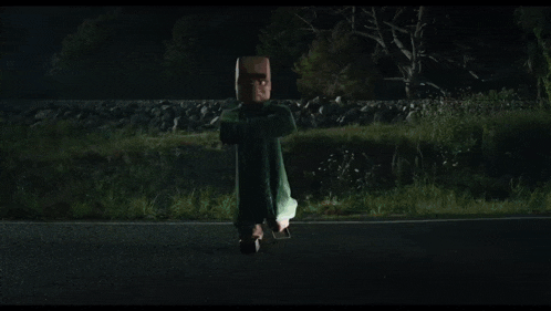 a person is flying over a road at night while a car is driving by .