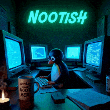 a penguin is sitting at a desk in front of a computer with the word nootish above him