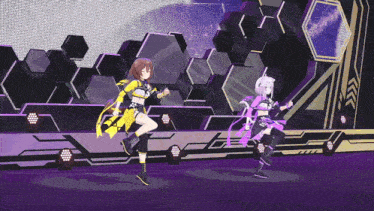 two anime characters are dancing on a stage with purple lights