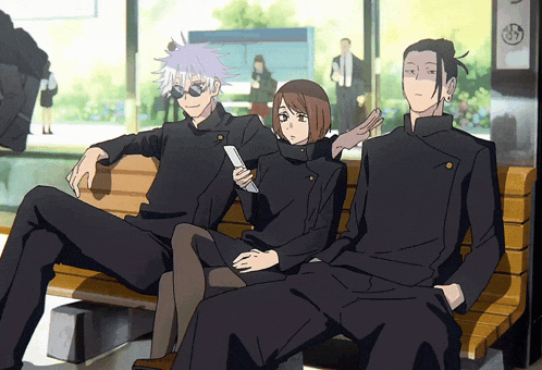 a group of anime characters sitting on a bench