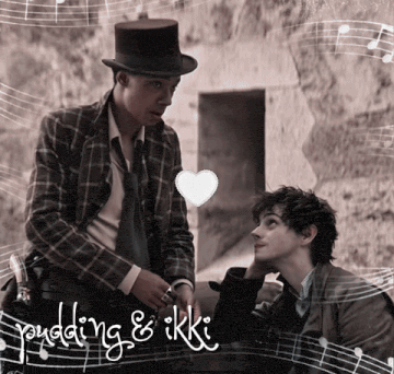 two men are standing next to each other with the words pudding & ikki written on the bottom