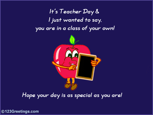 a greeting card for teacher 's day with an apple holding a chalkboard and a pencil