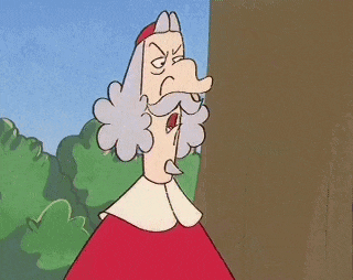 a cartoon drawing of a man with a beard and a red robe standing next to a tree .