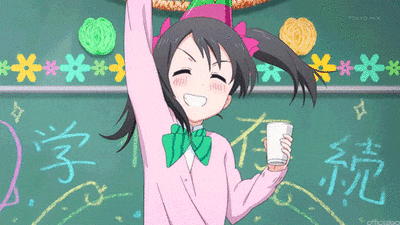 a girl is holding a glass of milk in front of a blackboard that says tokyo mx
