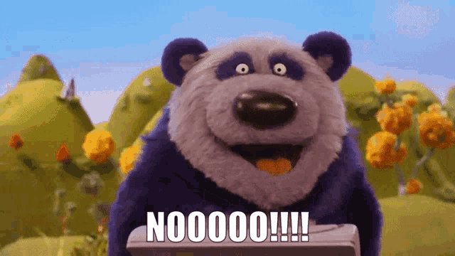 a panda bear is holding a box and says nooooo