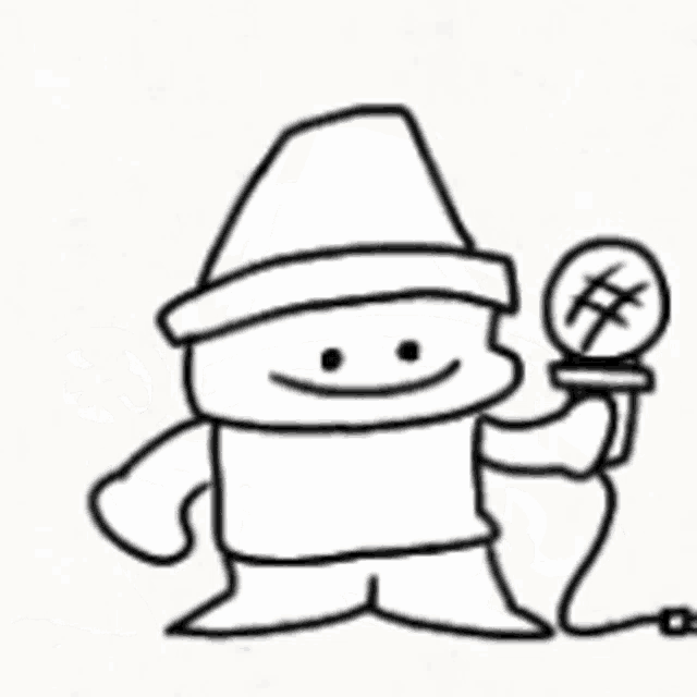 a black and white drawing of a cartoon character holding a microphone and smiling .