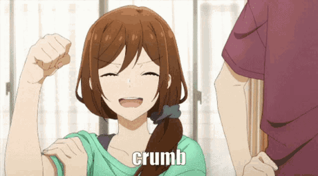 a girl in a green shirt with the word crumb written on it