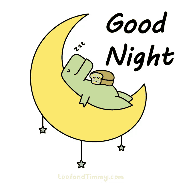 a cartoon of a dinosaur sleeping on a crescent moon with the words good night written below it