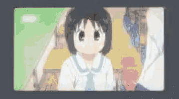a cartoon of a girl in a school uniform looking at something