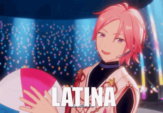 a girl with pink hair is holding a fan and the word latina is behind her