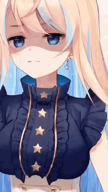 a close up of a blonde anime girl with blue eyes wearing a blue top with gold stars on it .