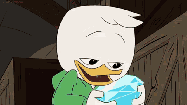 a cartoon of a duck holding a diamond in his hands
