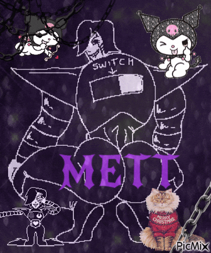 a drawing of a robot with the word mett in purple letters