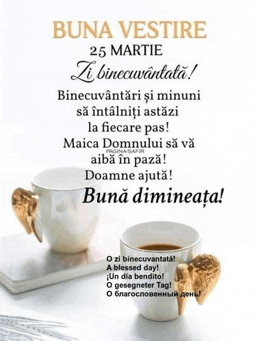 a poster with two cups of coffee and the words buna vestire
