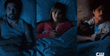 a man and a woman sleeping in a bed with a cat