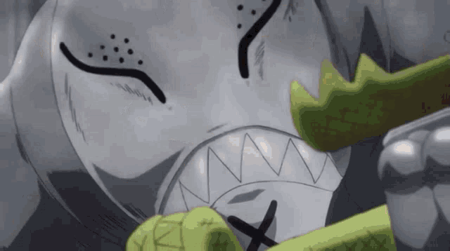 a close up of a cartoon character with a green arm