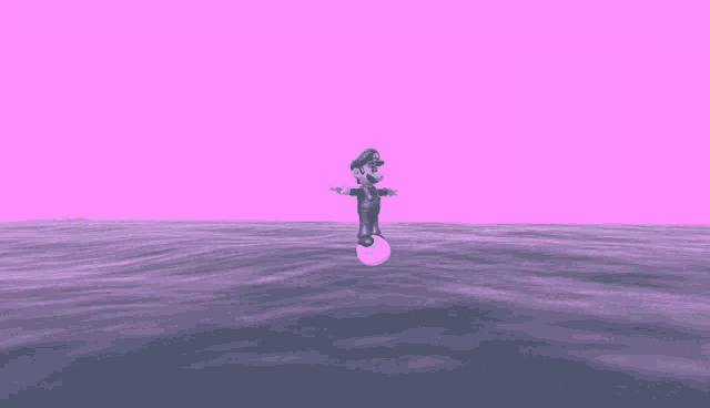 a video game character named luigi is standing on a ball in the ocean .