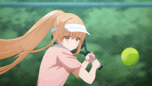 a girl with long hair is swinging a tennis racket at a ball