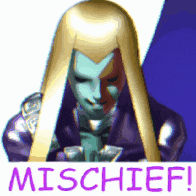 a video game character holding a sign that says ' mischief '