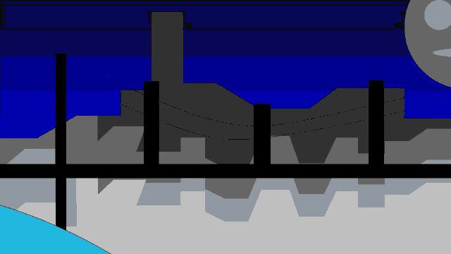 a drawing of a city at night with a full moon in the sky