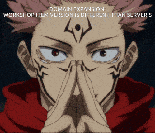 a picture of a anime character with the words domain expansion workshop item version is different than server 's on it