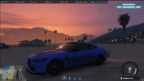 a blue car in a video game with the word adrenaline on the bottom right