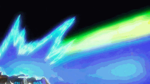 a blue and green lightning bolt is coming out of a dark sky