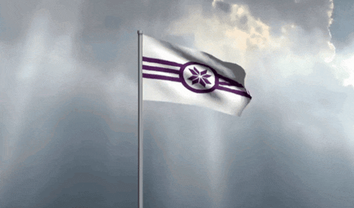 a white and purple flag with a snowflake on it is waving in the wind