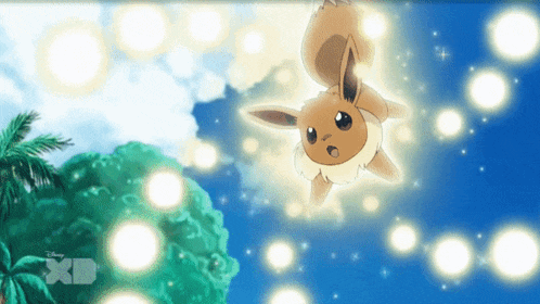 a cartoon eevee is flying through the air with xd written on the bottom right