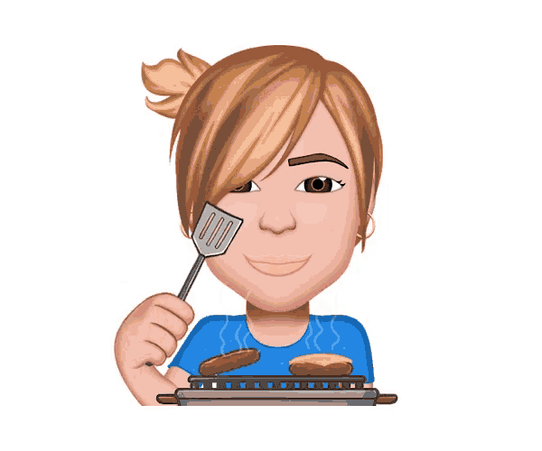 a woman in a blue shirt is holding a spatula over a grill with hamburgers on it