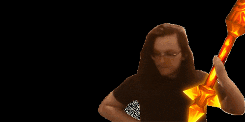 a man in a black shirt is holding a sword in front of a yellow and orange background