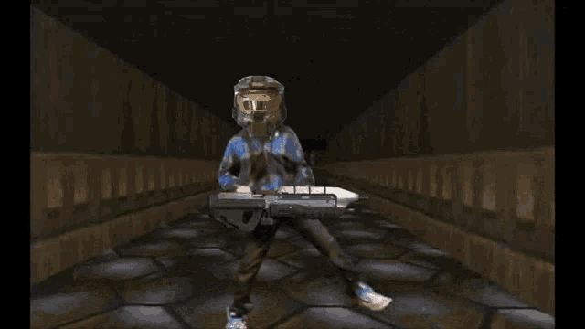 a video game character is holding a gun in a dark hallway .